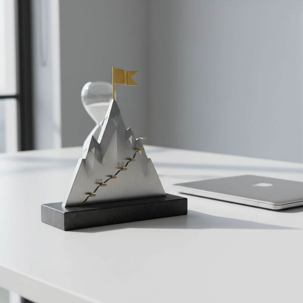 A sturdy mountain peak-shaped desk sculpture made of brushed steel rises from a smooth black stone base on an uncluttered white workspace. Tiny engraved markers along the ridgeline resemble milestones, leading steadily toward a small, polished gold flag at the summit, symbolizing long-term goals. A slim laptop, closed and perfectly aligned, sits off to the side, while a simple hourglass with fine white sand stands in the background. Cool, diffused daylight from a nearby window creates gentle reflections on the metal and soft shadows behind each object. Captured from a slightly low angle with centered composition and moderate depth of field in clean photographic realism, the atmosphere feels disciplined, resilient, and forward-looking, emphasizing steady progress and strategic effort over time.